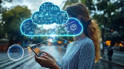 Woman Interacting with Cloud Computing Technology on Urban Landscape - Powered by Adobe