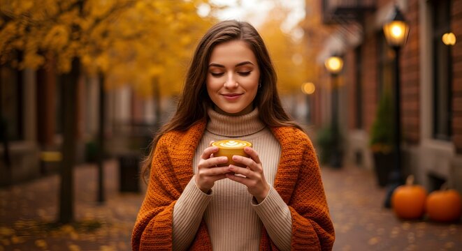 Woman holding a pumpkin spice latte wearing cozy autumn clothes.