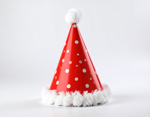 Vibrant red party hat adorned with white polka dots and fluffy white pompom on top creates festive atmosphere, perfect for celebrations and joyful gatherings