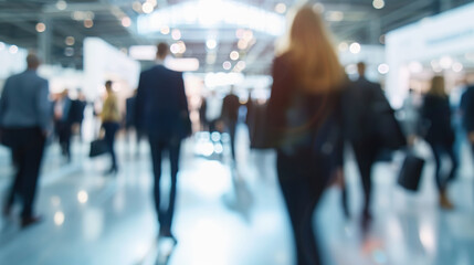 Blurry scene of professionals walking at bustling trade fair