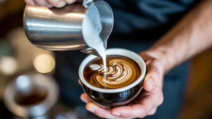 Fototapeta premium Barista Pouring Milk into Latte Art Coffee