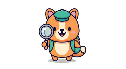 Fototapeta premium Cute and friendly vector mascot character for a kids' educational app about nature. A smiling, curious animal holding a magnifying glass and wearing a backpack. 