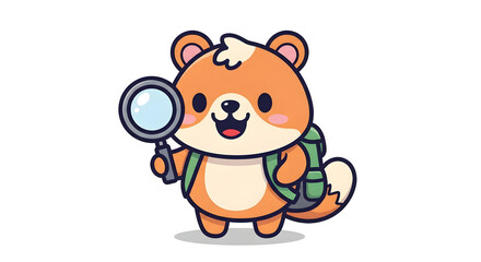 Fototapeta premium Cute and friendly vector mascot character for a kids' educational app about nature. A smiling, curious animal (e.g., fox or bear) holding a magnifying glass and wearing a backpack. 