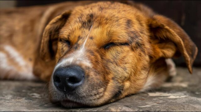 Close-up of brown spotted dog sleeping on stone floor with eyes closed