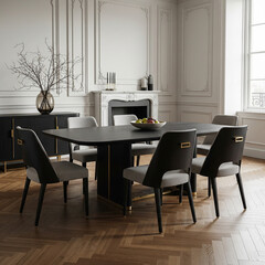 Fototapeta premium Elegant dining room: black table, light grey chairs with brass accents, dark sideboard, decorative fireplace, herringbone floor, and large window.