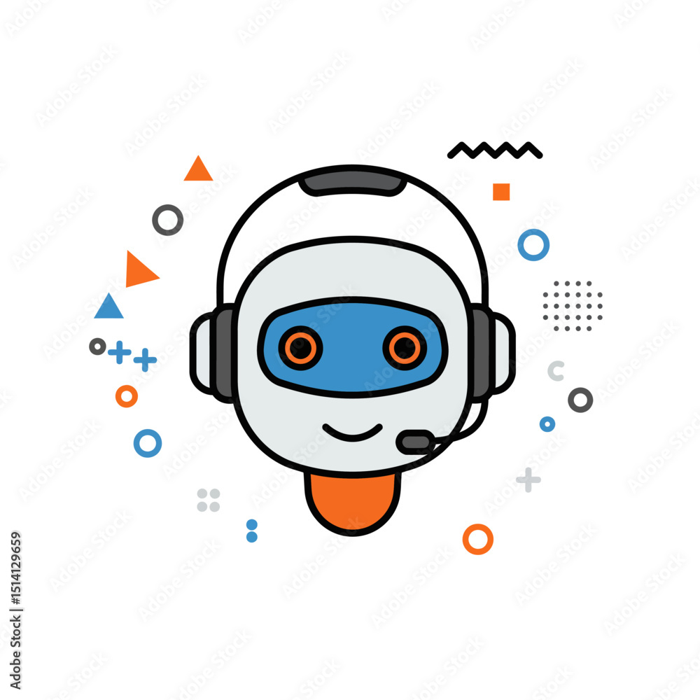 Poster minimalist line art of futuristic robot with headset and digital icons surrounding its face