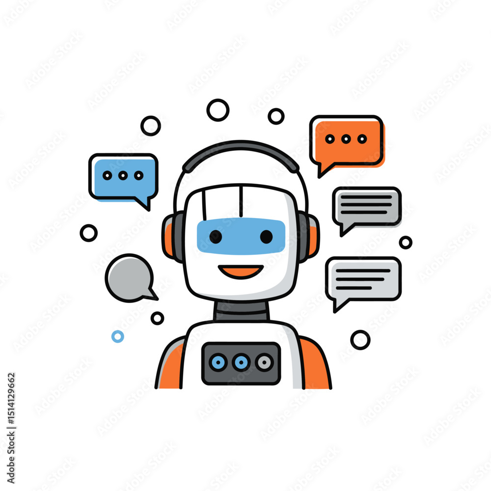 Poster friendly robot with headset engaging in online chat and communication interactions