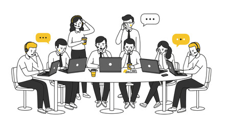 Illustration of stressed office workers collaborating around a large table with laptops and phones during a busy workday