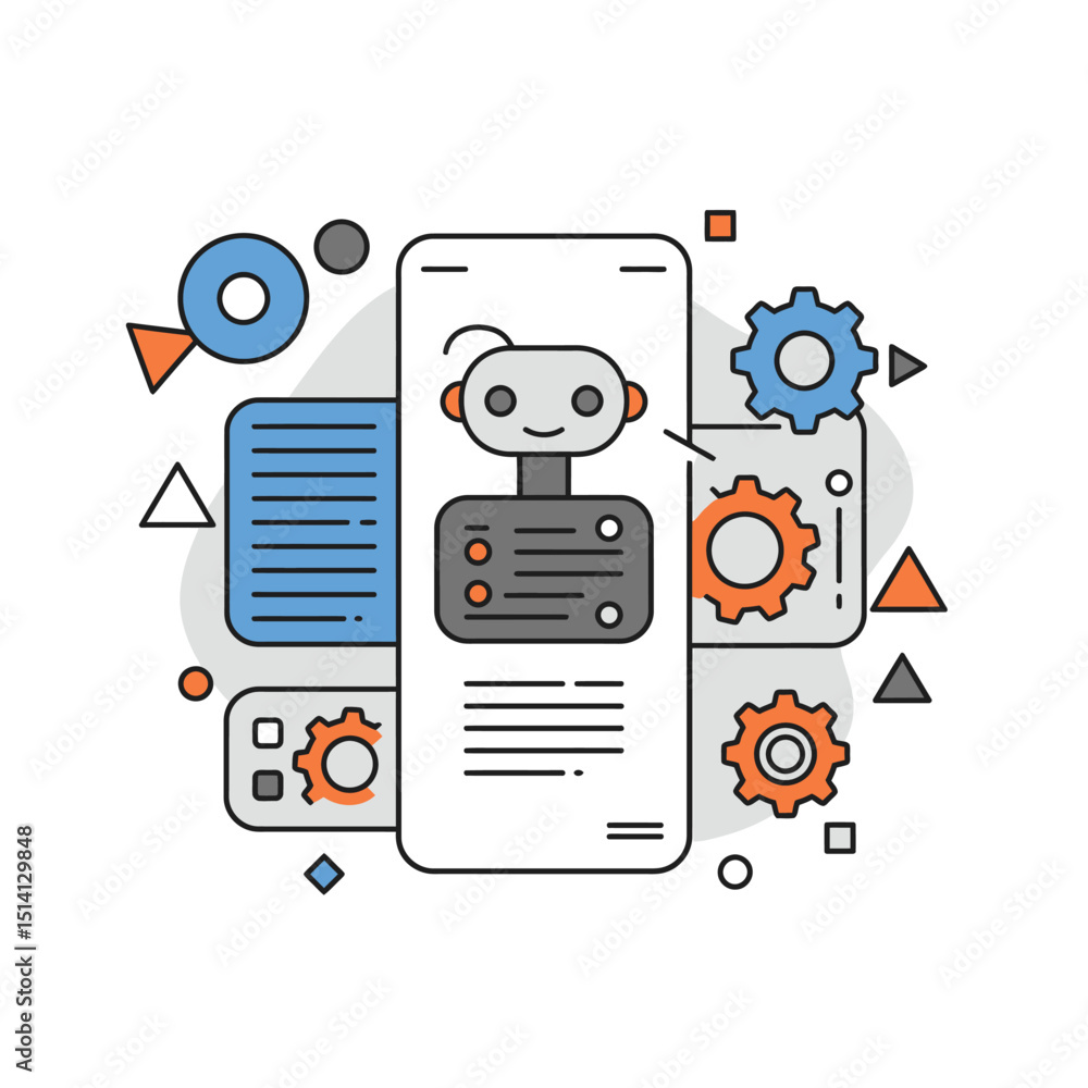 Aufkleber illustration of chatbot and automation concept with gears and icons representing technology and comm