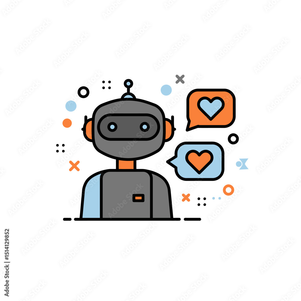 Poster illustration of a friendly robot with speech bubbles containing heart symbols representing positive 
