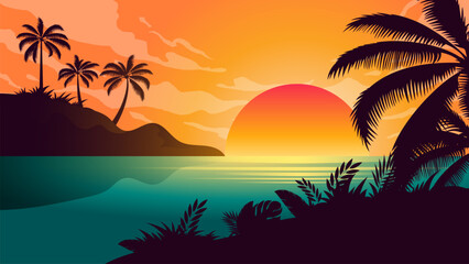 Sunset at beach background illustration, beautiful evening summer panoramic landscape at lagoon or bay with silhouette torpical coconut palm trees, sun and orange gradient sunset sky