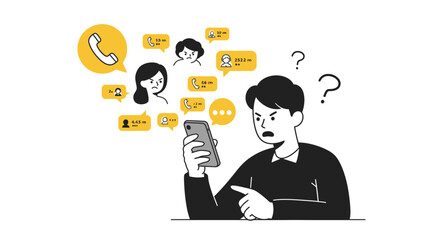 Frustrated man confused by multiple missed calls and messages on smartphone screen