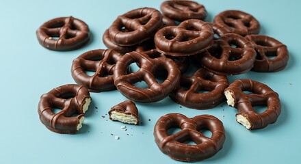 Chocolate Covered Pretzel Delight: Indulge in the delicious contrast of crispy pretzel and rich dark chocolate, arranged artfully against a light blue backdrop.