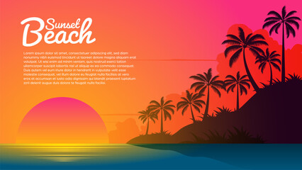 Obraz premium Sunset on beach background vector, summer banner with beautiful tropical summer evening at lagoon landscape