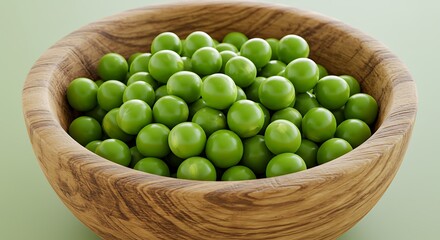 Fresh Pea Paradise: A rustic wooden bowl overflows with an abundance of fresh, vibrant green peas, showcasing their perfect spherical shape and inviting freshness, a culinary delight.
