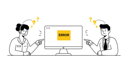 Confused businesspeople and customer support facing an error message on computer screen