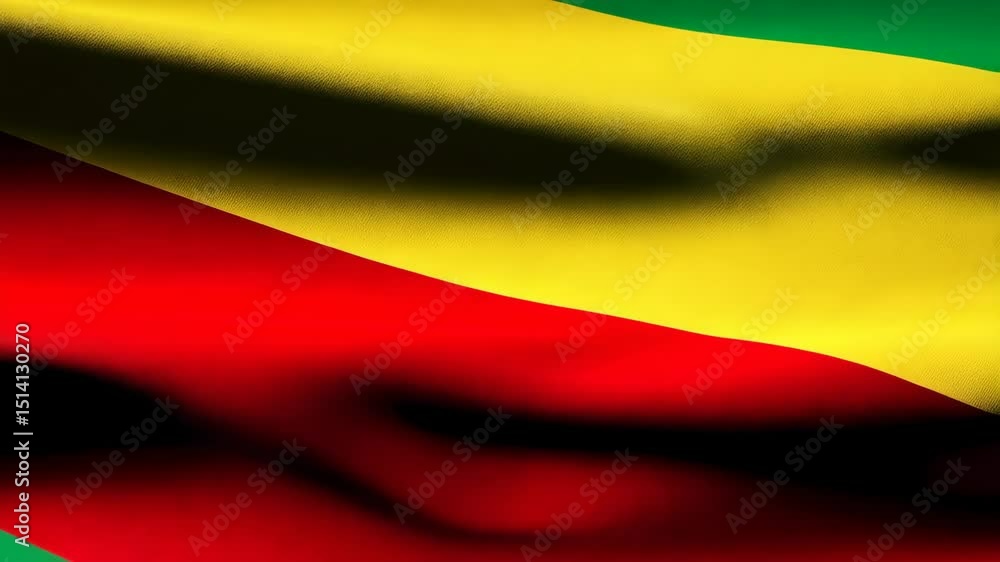 Poster waving tricolor flag composed of yellow, red, and green fabric, casting shadows with soft light on t