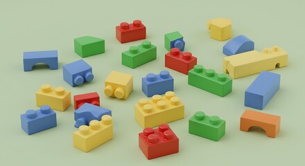 Colorful Block Puzzle: An array of brightly colored toy blocks, in red, blue, yellow, green, and orange, scattered on a soft green surface.
