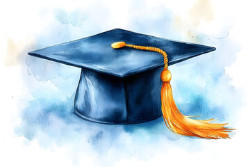 A hand-painted watercolor graduation cap with a golden tassel sits on a light blue background. Perfect for graduation announcements and celebratory designs.