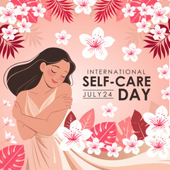 International self-care Day 2025 background template with a beautiful woman figure, flowers and scattered heart symbols with tropical leaves. Great for cards, banners, posters and social media.