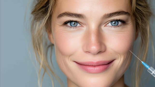 1704 58 Editorial photo Hyperrealistic side view portrait of woman with radiant skin receiving hyaluronic acid injection contemporary clinic space