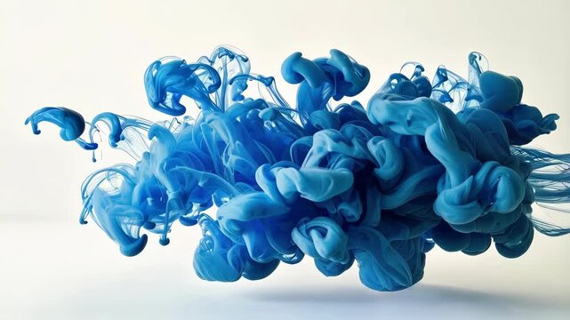 Captivating swirl of blue paint dissolving into water, creating a beautiful abstract form with smooth flowing shapes against a white background.