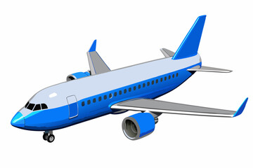 Blue and white airplane in flight travel transportation