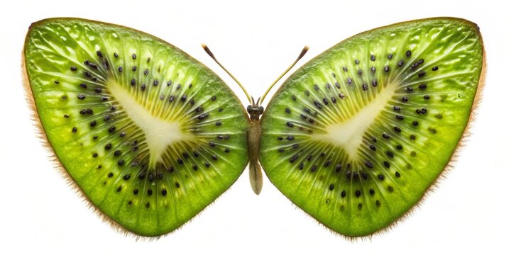 A vibrant kiwi fruit butterfly, a whimsical image showcasing the exquisite detail of a sliced kiwi fruit artfully arranged to resemble the wings of a butterfly, creating a striking visual metaphor.