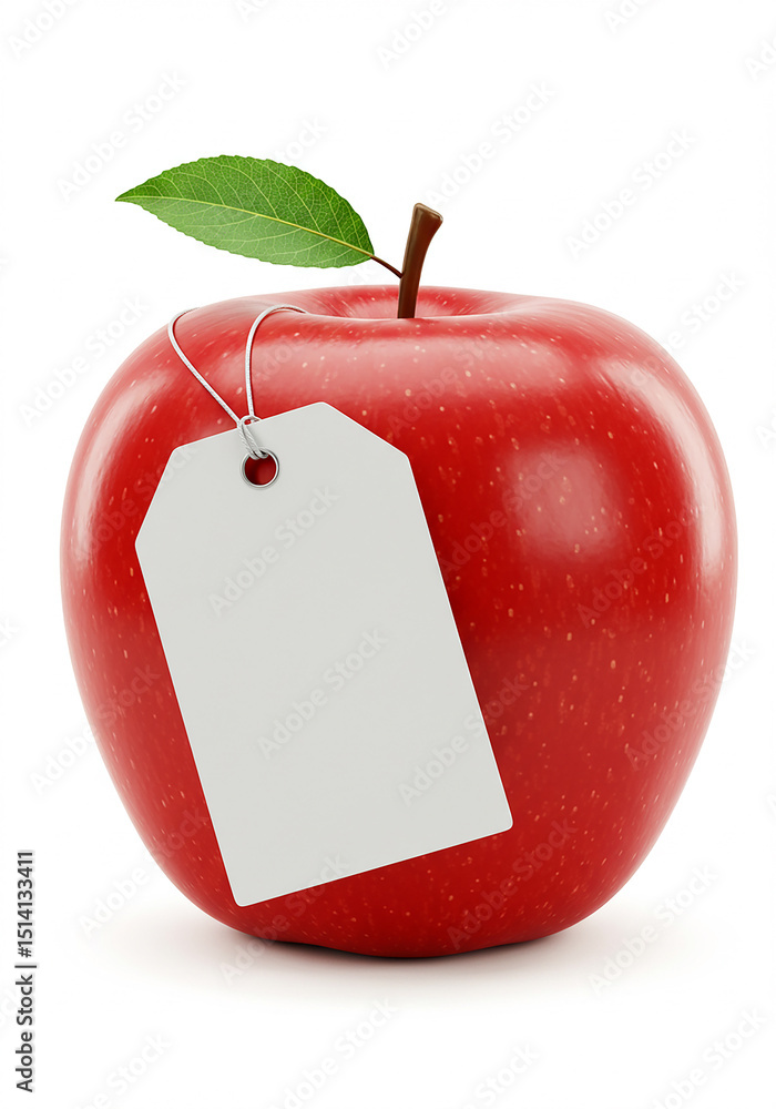 Poster red apple with blank tag isolated on transparent background