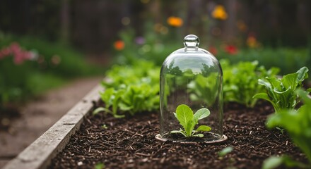 Young Plant Seedling Protected Under Glass Cloche in Garden Bed. Concept of New Growth, Nurturing, and Cultivation in Springtime.