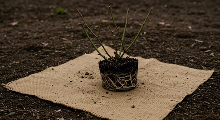 Bare-root rose bush with exposed root ball on burlap, prepared for spring planting in garden soil. Gardening and horticulture concept.