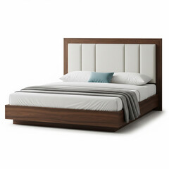Modern platform bed with a wooden frame and white cushioned headboard. Includes white bedding, a blue accent pillow, and a gray throw. Isolated against white.