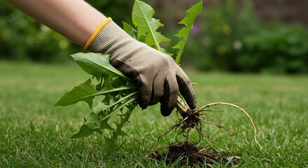 Close up of a gloved hand pulling a dandelion weed with its root system from a green lawn. Gardener performing lawn care and maintenance by manually removing unwanted plants.