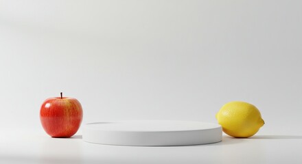 Minimalist Product Display Apple and Lemon on White Platform