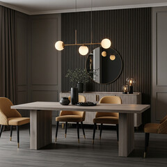 A modern dining room featuring a large table with four chairs, a decorative sideboard, and an eye-catching light fixture. The decor is mostly in dark neutral tones.