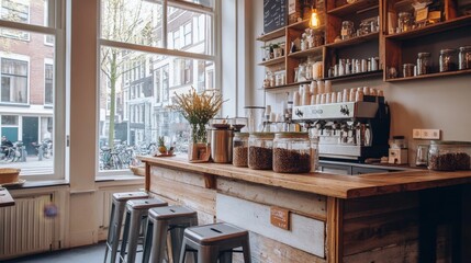 caf counter with wooden backdrop, metal stools, jars, and warm lights creates a cozy