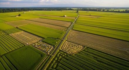 Aerial View of Geometrically Patterned Rice Paddies A Stunning Display of Agricultural Art