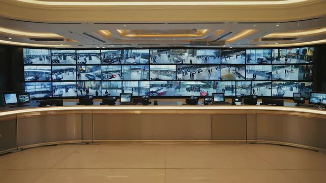 Modern surveillance control center with wide wall of security monitors displaying live CCTV footage from multiple locations, representing monitoring, safety, law enforcement, real-time video tracking