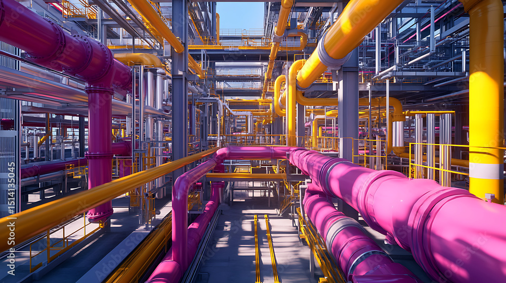 Poster a futuristic industrial scene with a lot of pipes and wires. the image is a representation of a comp