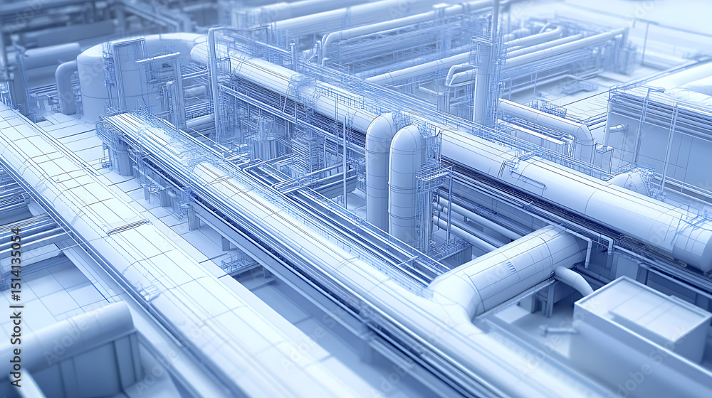 Poster a futuristic industrial scene with a lot of pipes and wires. the image is a representation of a comp