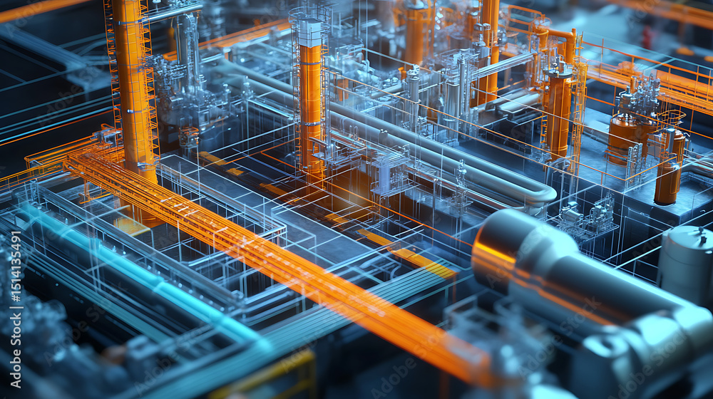 Poster a futuristic industrial scene with a lot of pipes and wires. the image is a representation of a comp