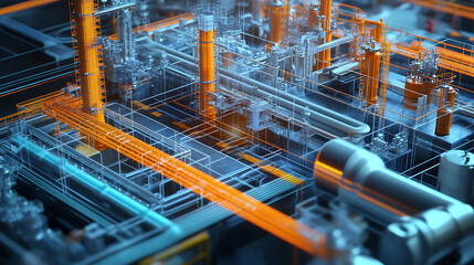 A futuristic industrial scene with a lot of pipes and wires. The image is a representation of a complex industrial system, with many different components and connections. Scene is one of complexity