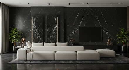 Luxury Living Room Interior with White Sectional Sofa and Black Marble Walls