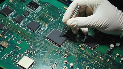 Close-up of a technician engineer gloved hand using a precision tool to work on a microchip on a green circuit board, highlighting electronics repair, hardware maintenance, detailed technology work.
