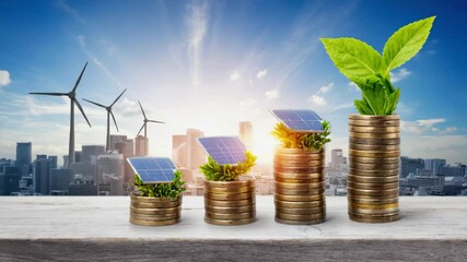 Stacked gold coins with green plants and solar panels grow progressively taller on a wooden surface, symbolizing sustainable investment, renewable energy growth, and eco-friendly financial success. - Powered by Adobe