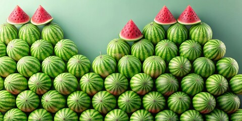 Fototapeta premium A vibrant arrangement of numerous watermelons forming a unique pattern, with several watermelon slices strategically placed atop the pile, creating a striking visual display of summer fruit.
