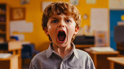 A young boy stands in a classroom, his mouth open wide in a loud shout. His expression is one of anger or frustration.