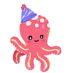 Cute hand drawn pink red pastel octopus wearing birthday party hat doodle sea ocean beach animals illustration kids seafood sand summer season celebration clipart crayon watercolour sticker design