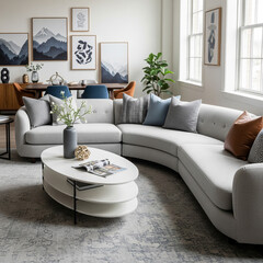 Bright, airy living room with a curved sectional sofa, oval coffee table, and wall art. Neutral color palette with pops of blue and brown. Modern, stylish interior.