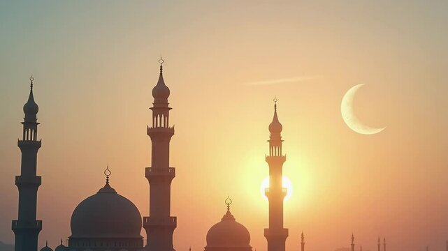 Silhouette of mosque minarets at sunrise with crescent moon in sky, symbolizing peace, spirituality and Islamic faith, perfect for Ramadan, Ashura, or Eid visual content